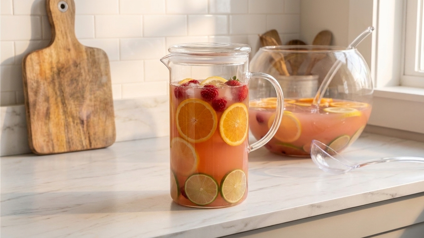 A glass pitcher of leftover jungle juice with a tight-fitting lid