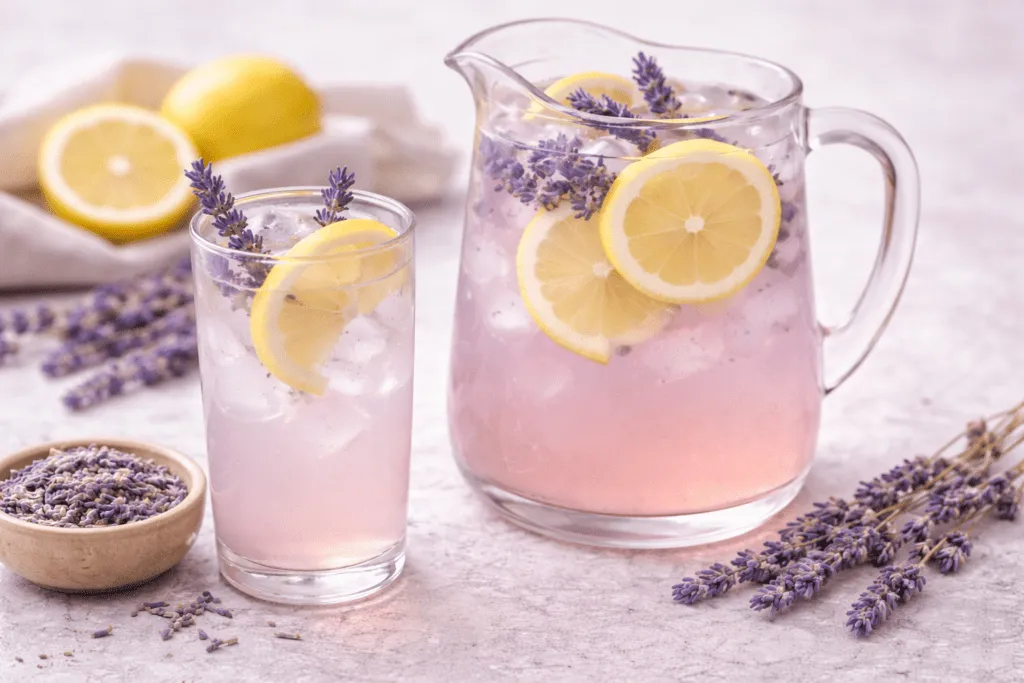 A glass pitcher of pale purple lavender lemonade on a bright kitchen counter, filled with ice, lemon slices, and a few lavender sprigs beside matching glasses