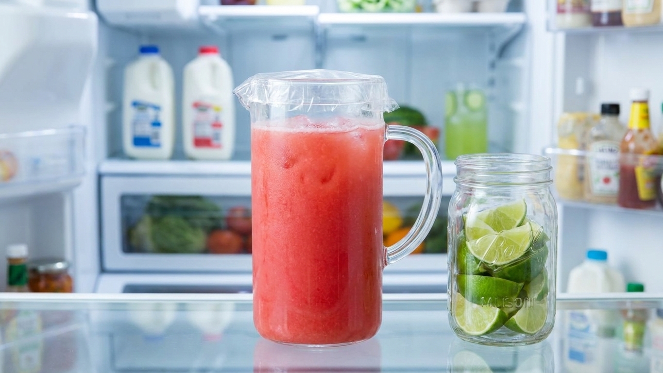 A glass pitcher of pink agua fresca covered and placed on a refrigerator shelf next to a jar of lime wedges