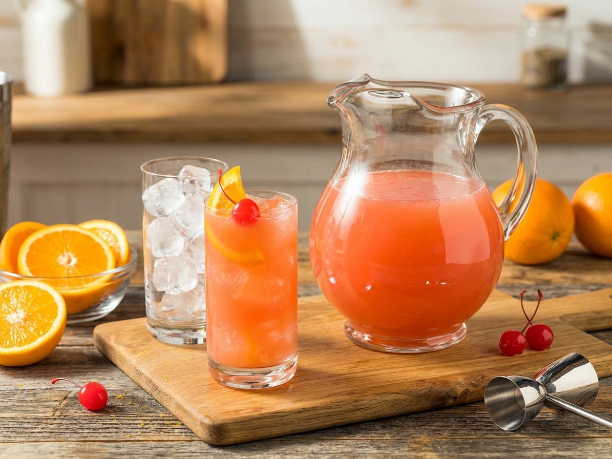 A glass pitcher of pink orange cocktail on a table next to ice-filled glasses and orange slices in a bright, casual table setting