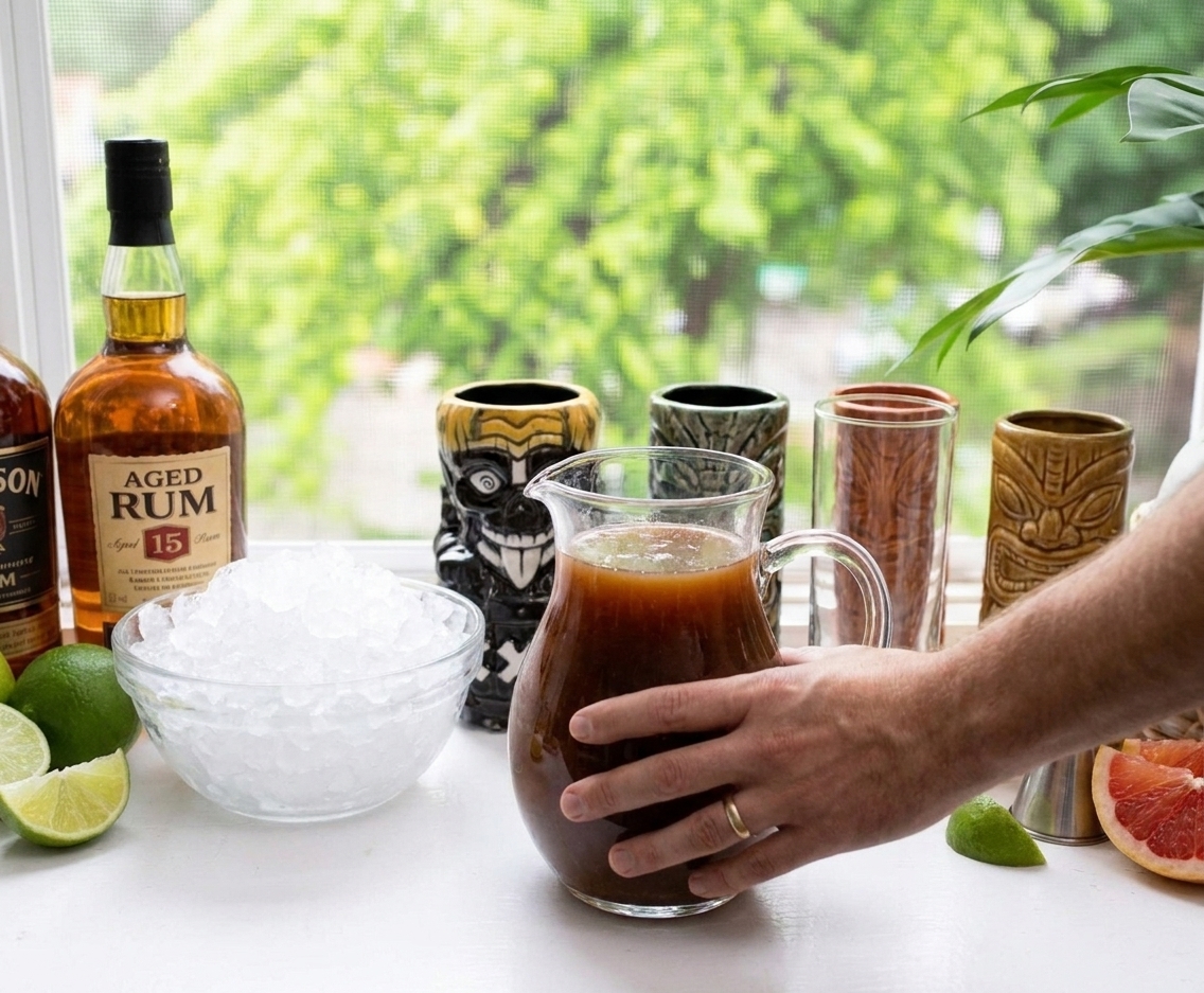 A glass pitcher of pre-mixed Zombie cocktail base on a kitchen counter next to a bowl of crushed ice and empty tiki glasses
