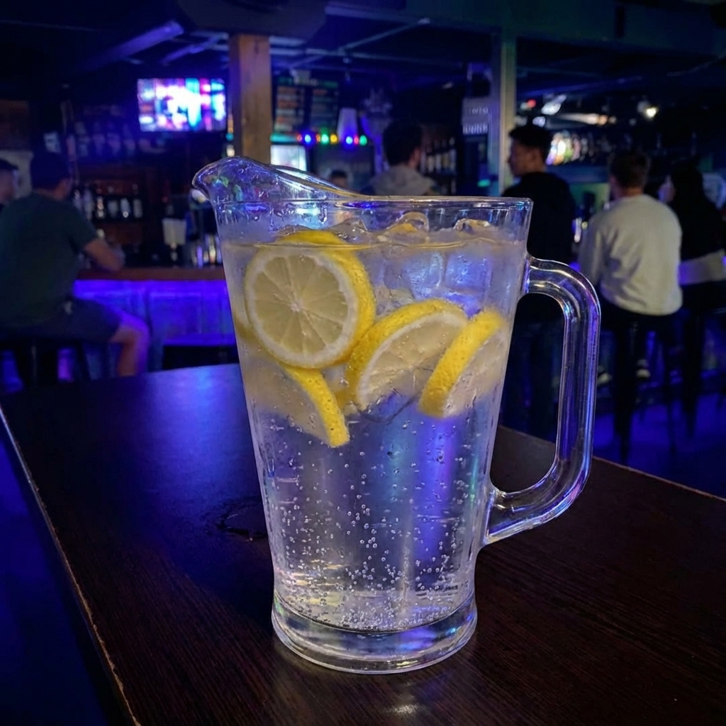 A glass pitcher of sparkling water with lemon slices and ice