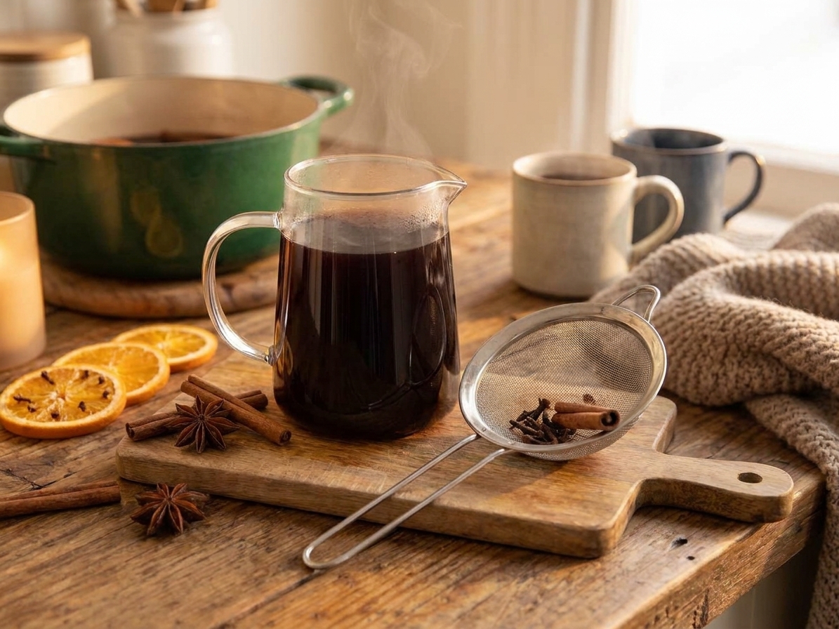 A glass pitcher of strained glühwein on a kitchen counter with a fine mesh strainer nearby, warm indoor lighting