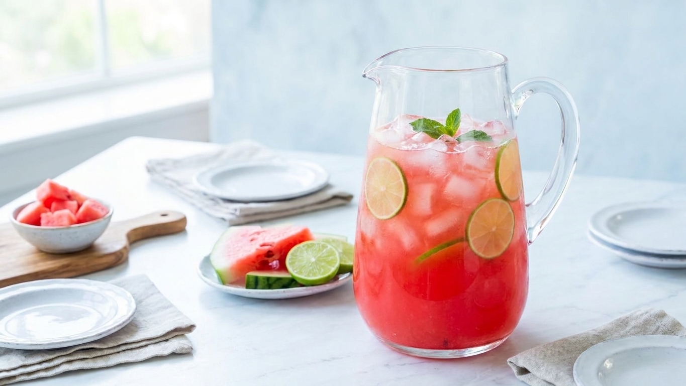 A glass pitcher of watermelon agua fresca with ice and lime slices on a kitchen table set for summer