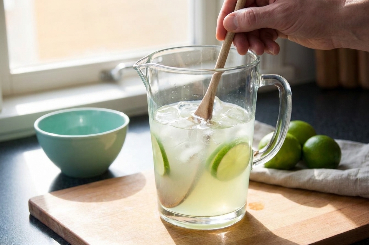 A glass pitcher with lime juice and syrup being stirred together with a long spoon on a kitchen counter
