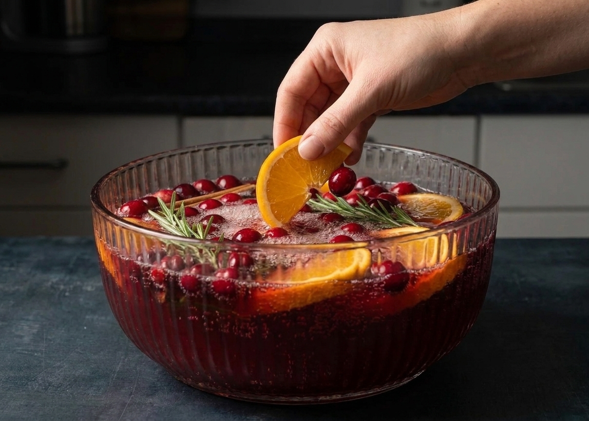 A glass punch bowl being garnished with orange slices and fresh cranberries as sparkling bubbles rise to the surface