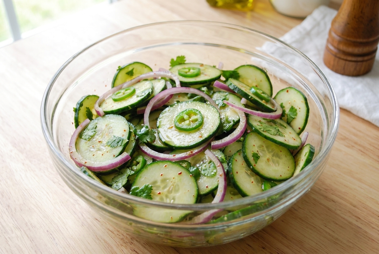 A glass serving bowl filled with Mexican cucumber salad made with sliced cucumbers, red onion, cilantro, and jalapeño, glossy with lime dressing on a bright kitchen table