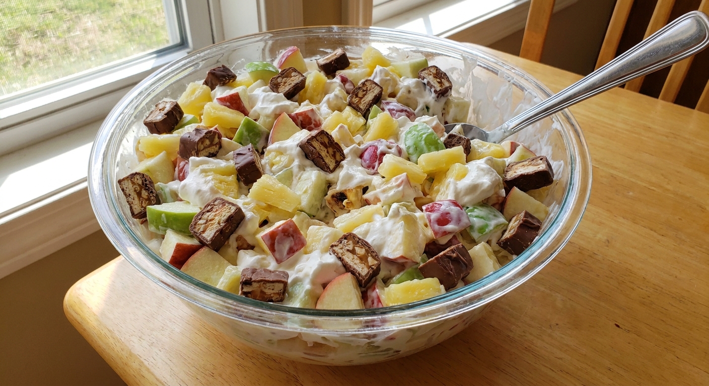A glass serving bowl filled with creamy Snickers salad made with chopped apples, pineapple, and visible chunks of Snickers candy bars on a bright kitchen table, natural light, real food photography style