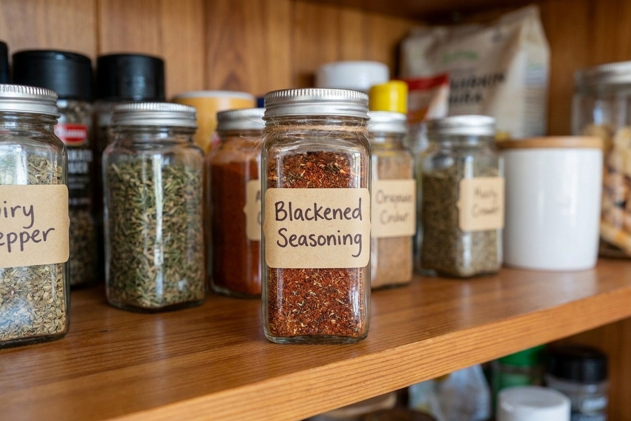 A glass spice jar labeled by hand with blackened seasoning sitting on a pantry shelf next to other spices