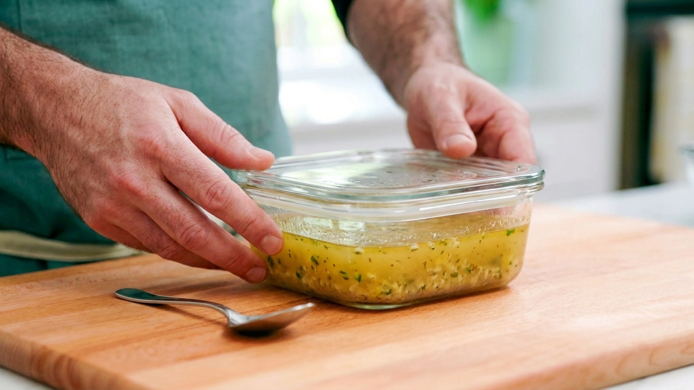 A glass storage container filled with cooled scampi sauce, covered with a lid, sitting on a kitchen counter next to a small spoon