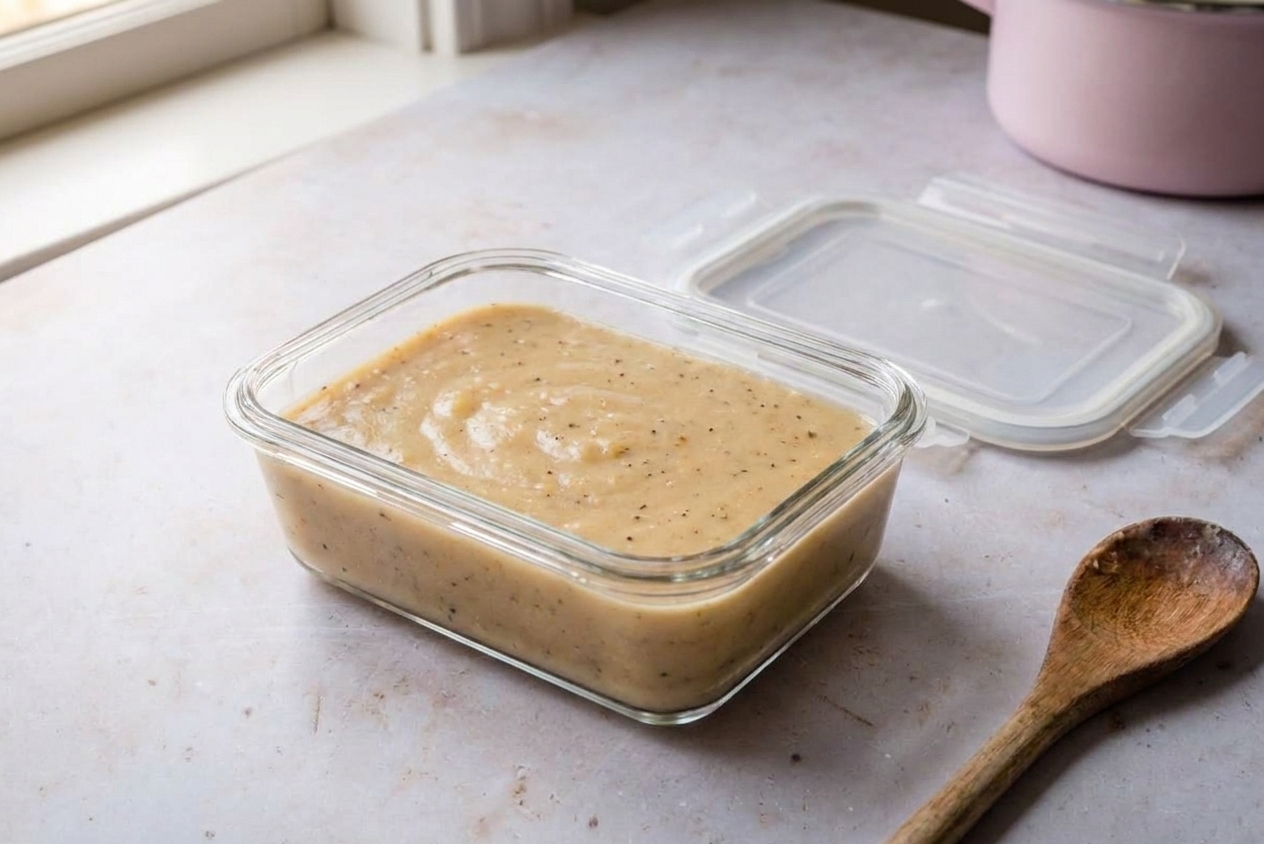 A glass storage container filled with creamy potato gravy on a kitchen counter next to a lid, ready to refrigerate