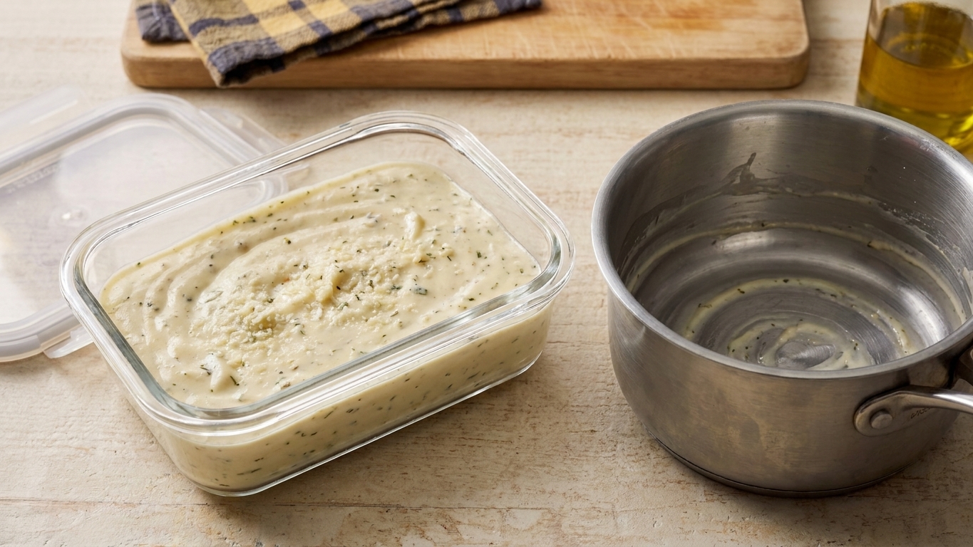 A glass storage container filled with leftover Alfredo sauce sitting on a kitchen counter next to a small saucepan