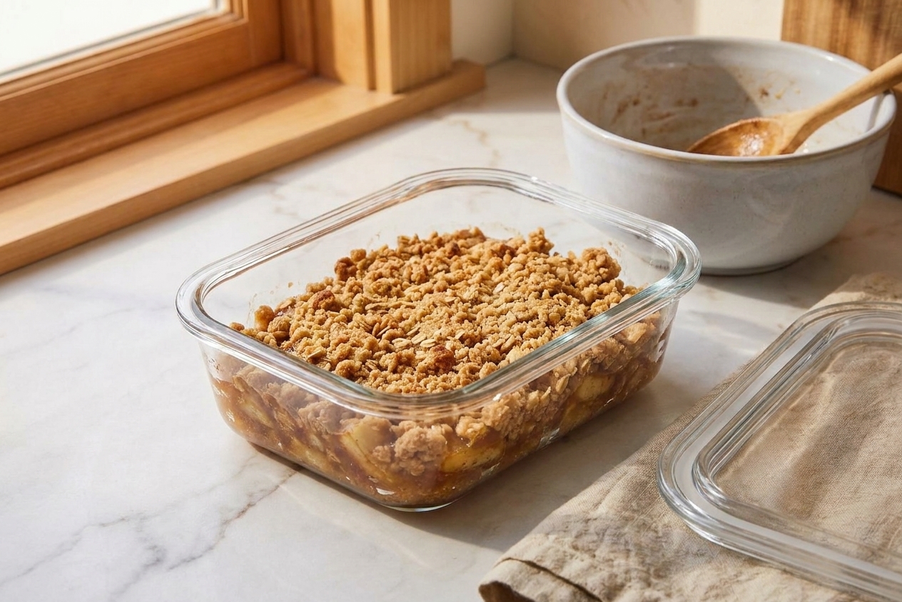 A glass storage container filled with leftover apple crunch, lid set beside it on a kitchen counter