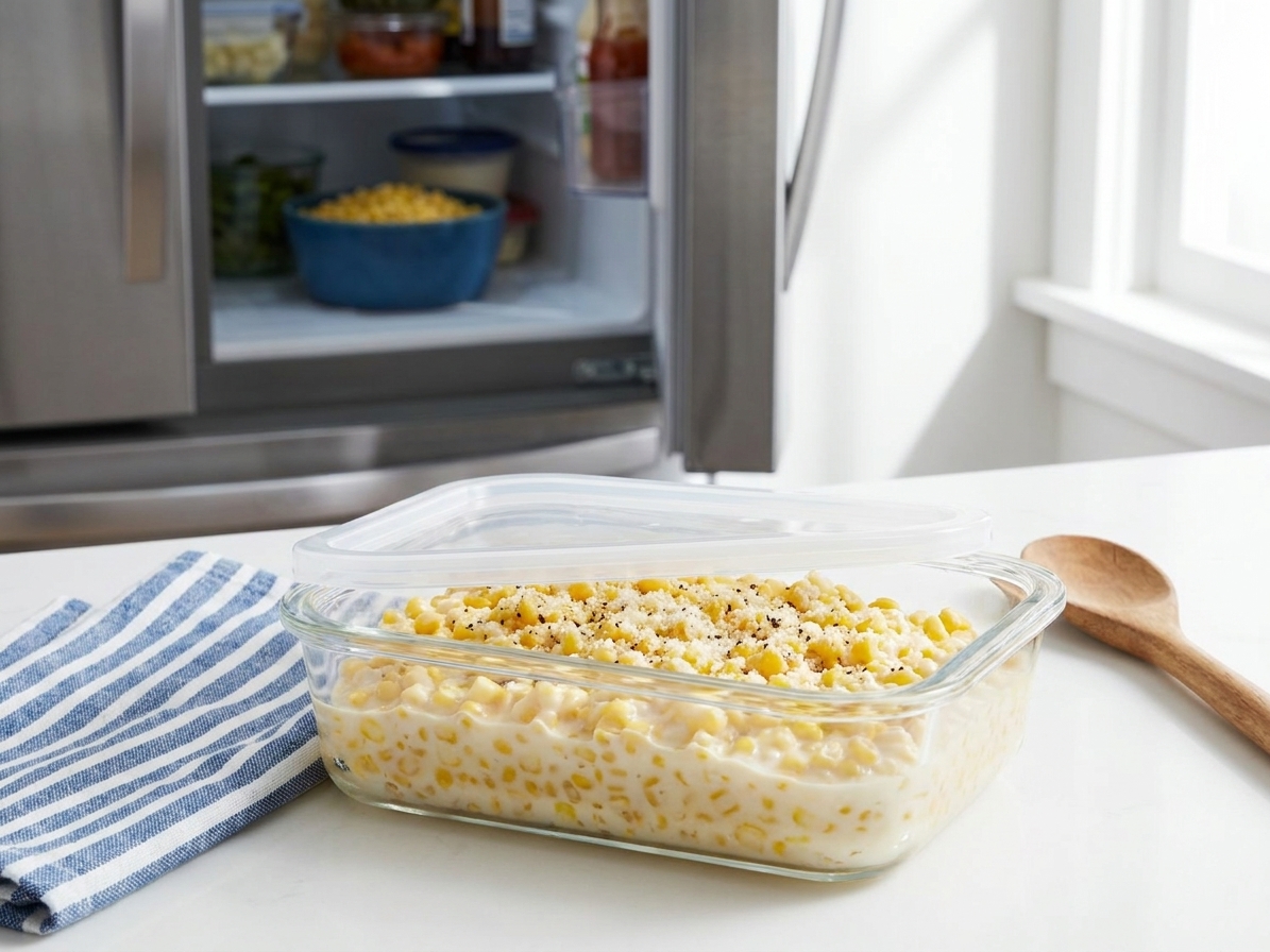 A glass storage container filled with leftover cream-style corn, covered with a lid and sitting on a kitchen counter near an open refrigerator