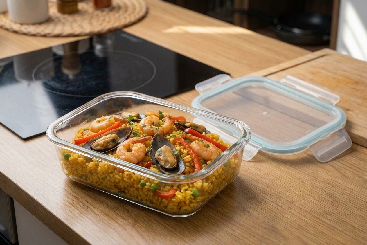 A glass storage container filled with leftover seafood paella on a kitchen counter with a lid set beside it