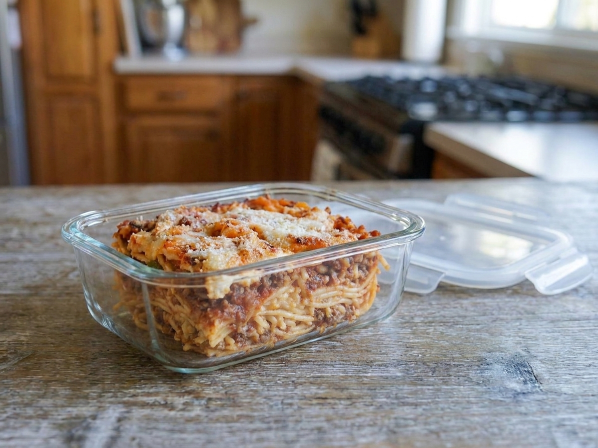 A glass storage container holding a square portion of leftover baked spaghetti with melted cheese on top, with the lid set beside it on the kitchen counter
