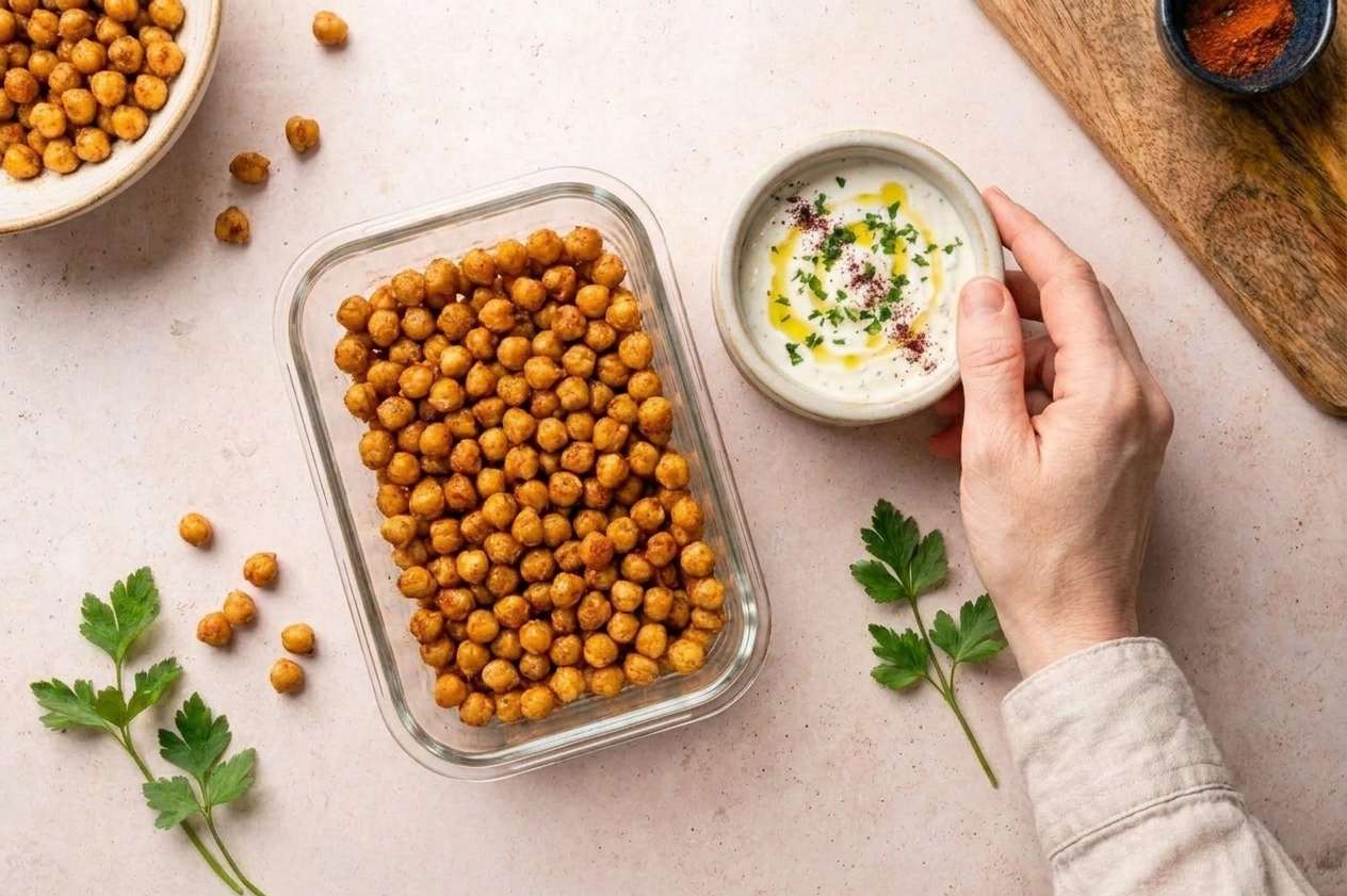 A glass storage container holding roasted chickpeas on a kitchen counter beside a small lidded container of yogurt sauce