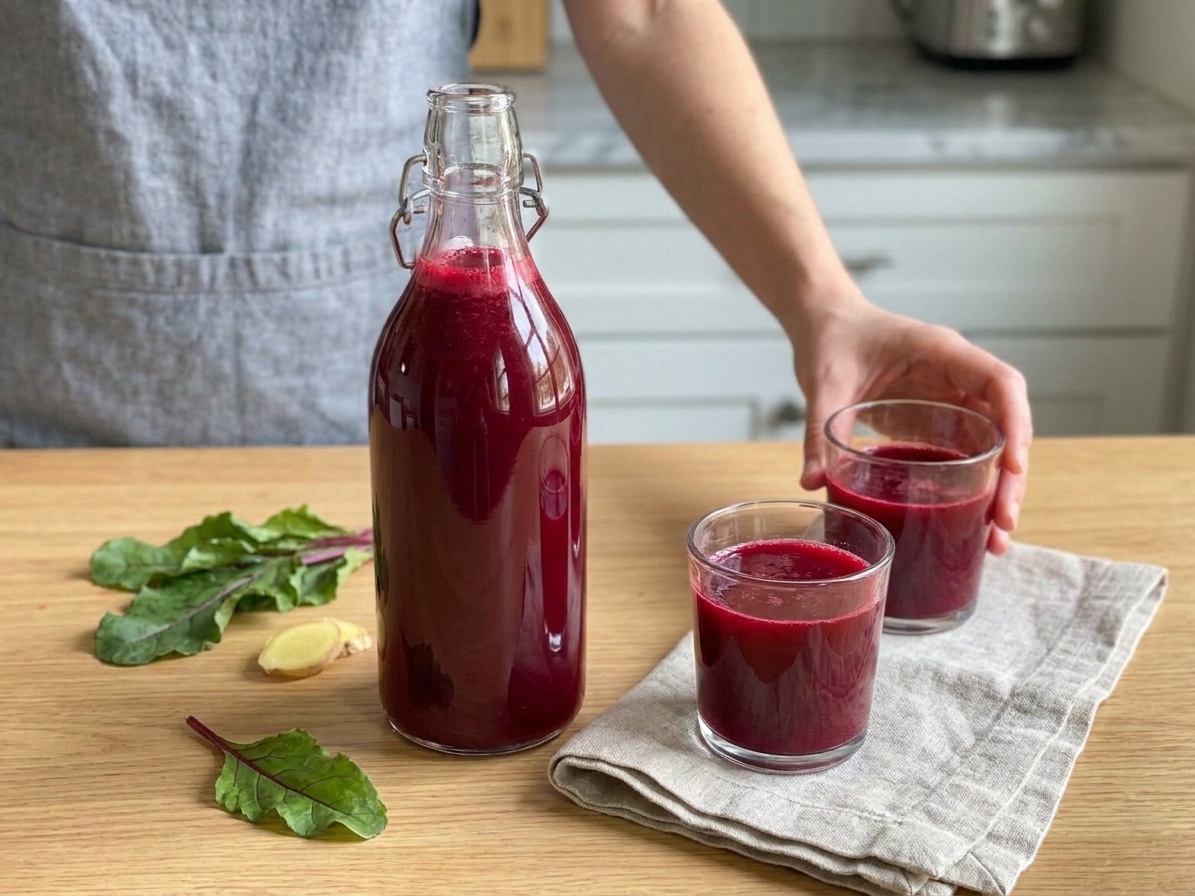 A glass swing-top bottle filled with beet juice next to two small glasses on a simple kitchen table setting with a linen napkin