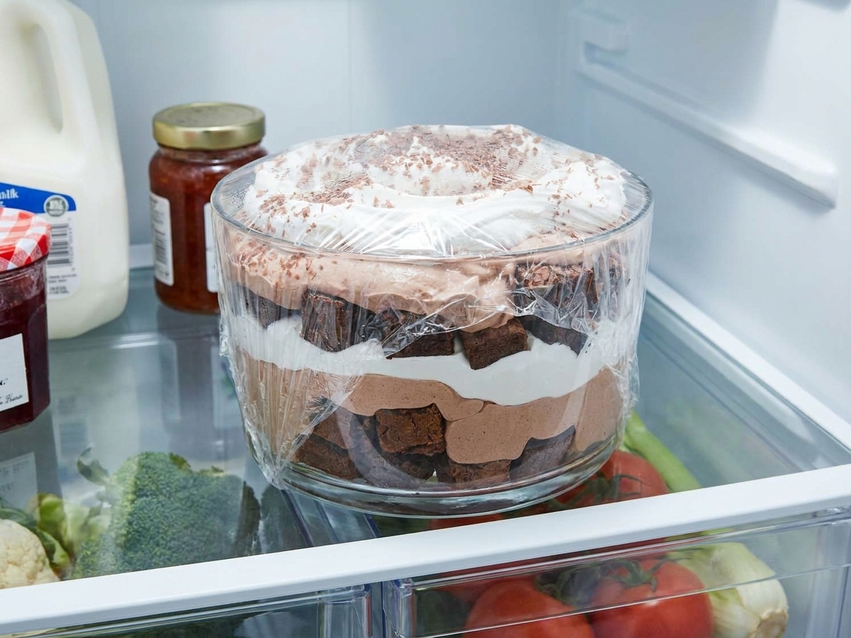 A glass trifle bowl covered tightly with plastic wrap sitting on a refrigerator shelf