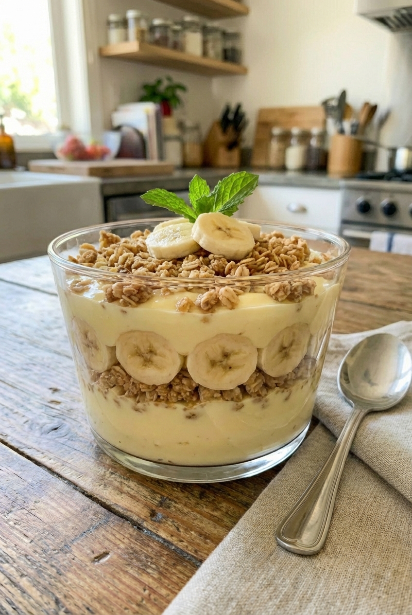 A glass trifle bowl filled with layered banana pudding, sliced bananas, and a golden oat crumble on top on a bright kitchen counter