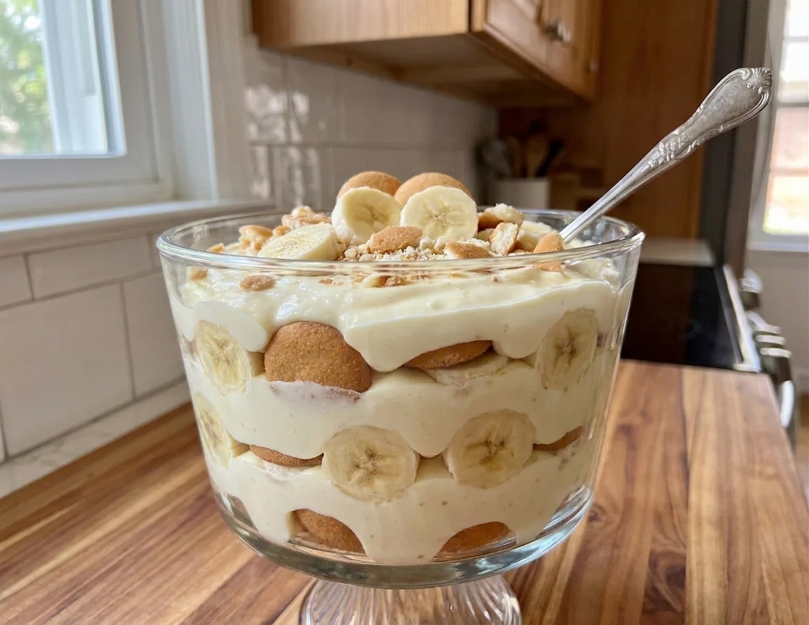 A glass trifle dish filled with layers of homemade banana pudding, sliced bananas, and vanilla wafers on a bright kitchen counter with soft natural light