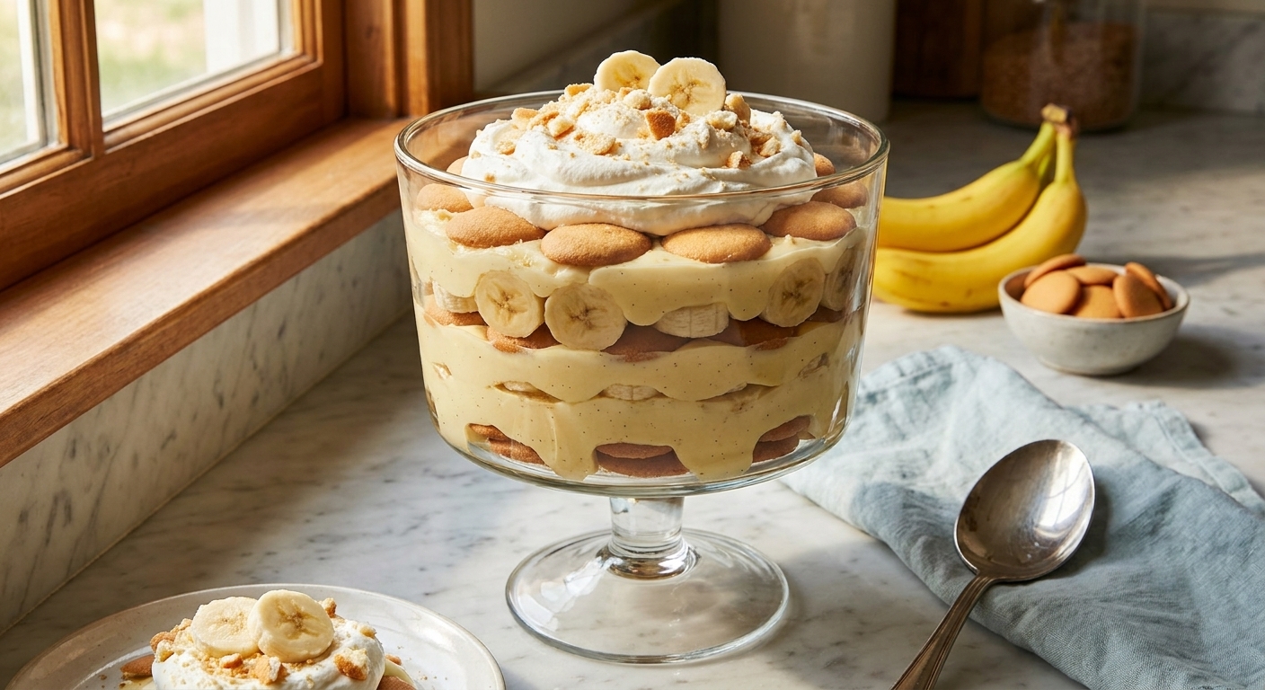A glass trifle dish filled with old-fashioned banana pudding, showing layers of vanilla custard, sliced bananas, and vanilla wafers on a cozy kitchen counter with warm natural light