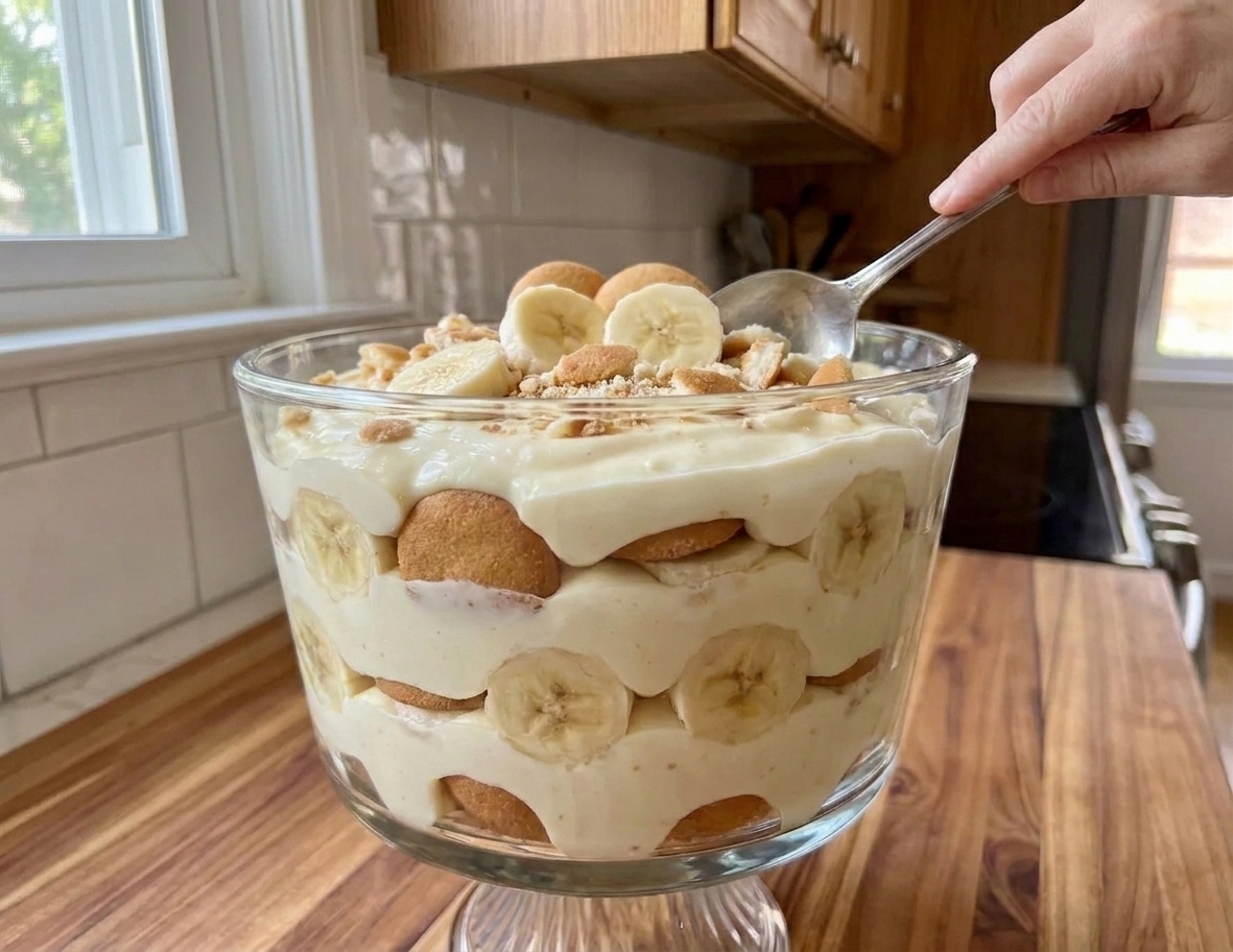 A glass trifle dish showing distinct layers of vanilla wafers, banana slices, and creamy pudding on a dining table with soft daylight