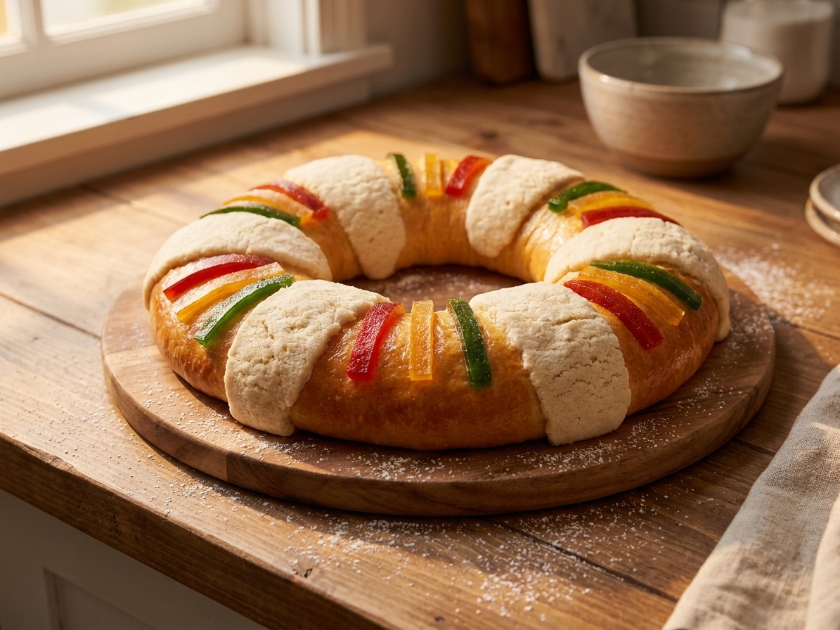 A glazed Rosca de Reyes ring bread on a wooden board, decorated with bright strips of candied fruit and sugar paste, warm kitchen counter lighting