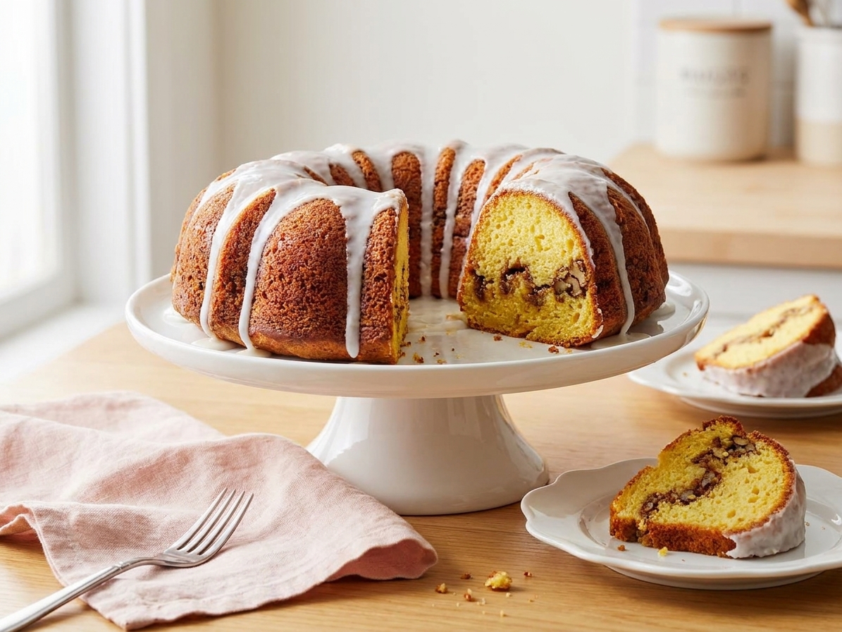 A glazed Sock It to Me Bundt cake on a cake stand with a few slices cut, showing the cinnamon-pecan swirl inside, on a bright kitchen table