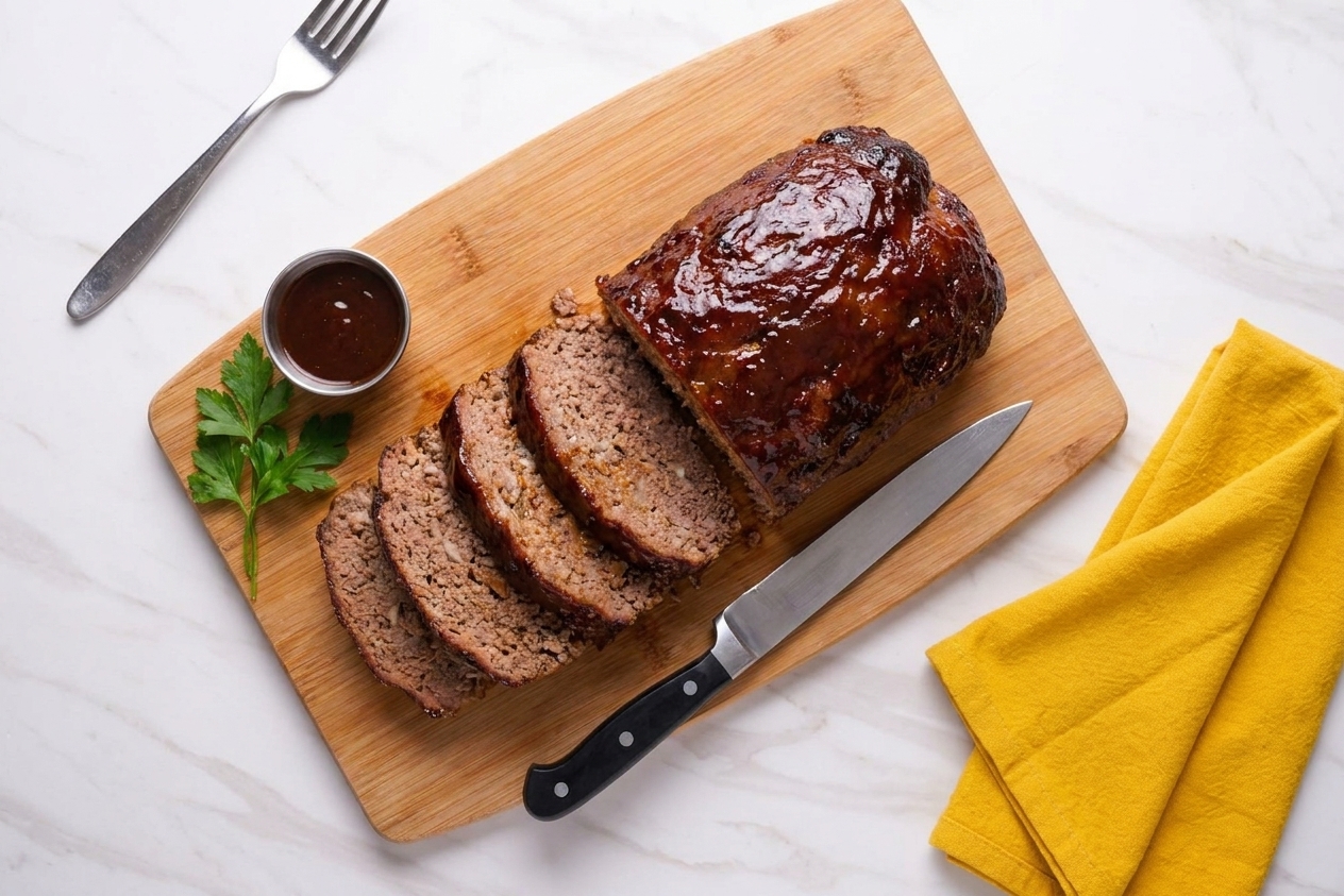 A glazed crock-pot meatloaf sliced on a cutting board with a few slices fanned out, ready for serving
