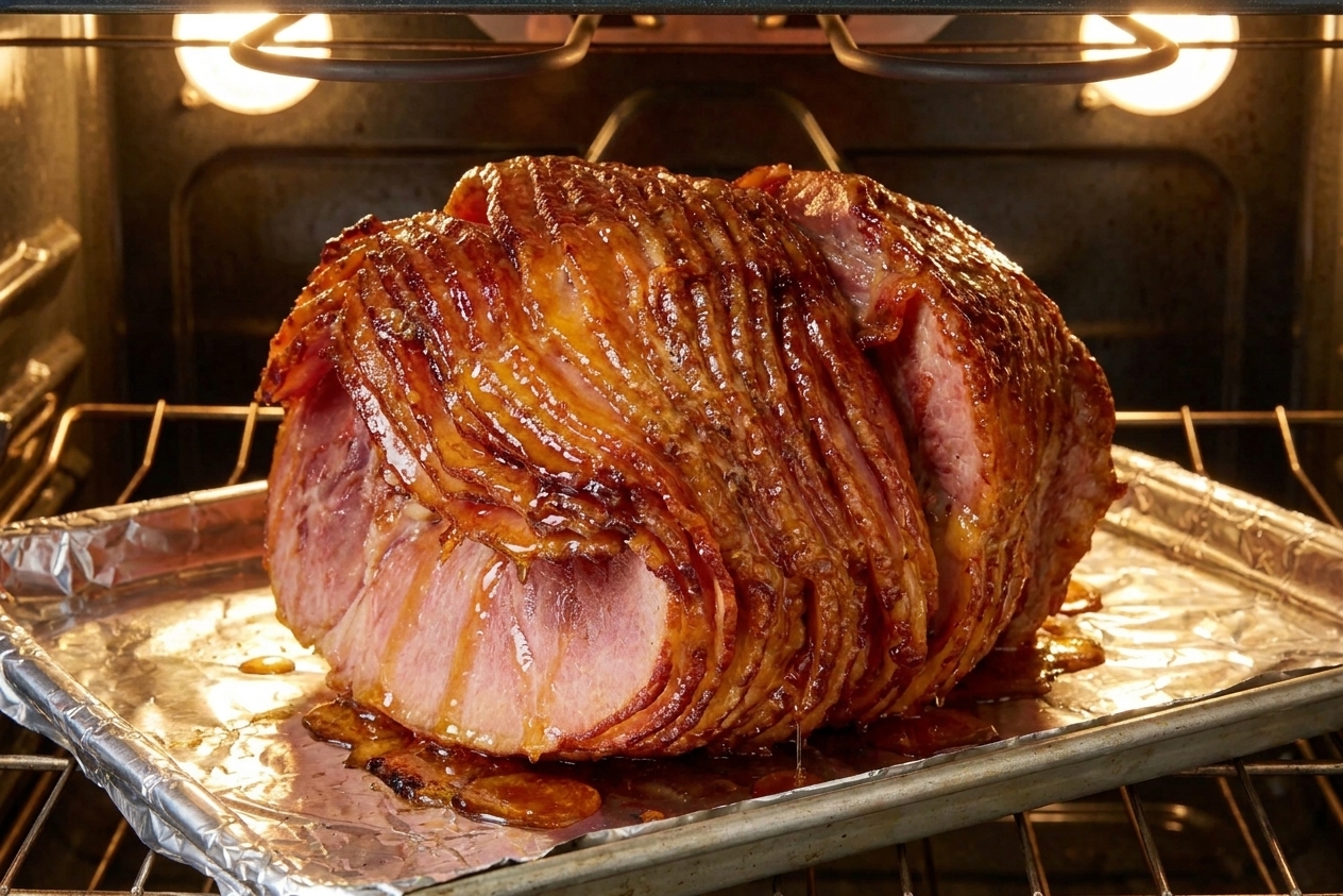 A glazed ham on an oven rack under the broiler with the glaze bubbling and caramelizing