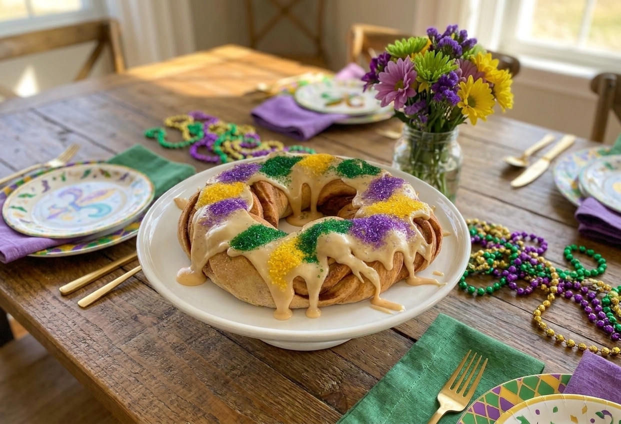 A glazed king cake on a serving platter decorated with purple green and gold sanding sugar on a dining table set for a celebration