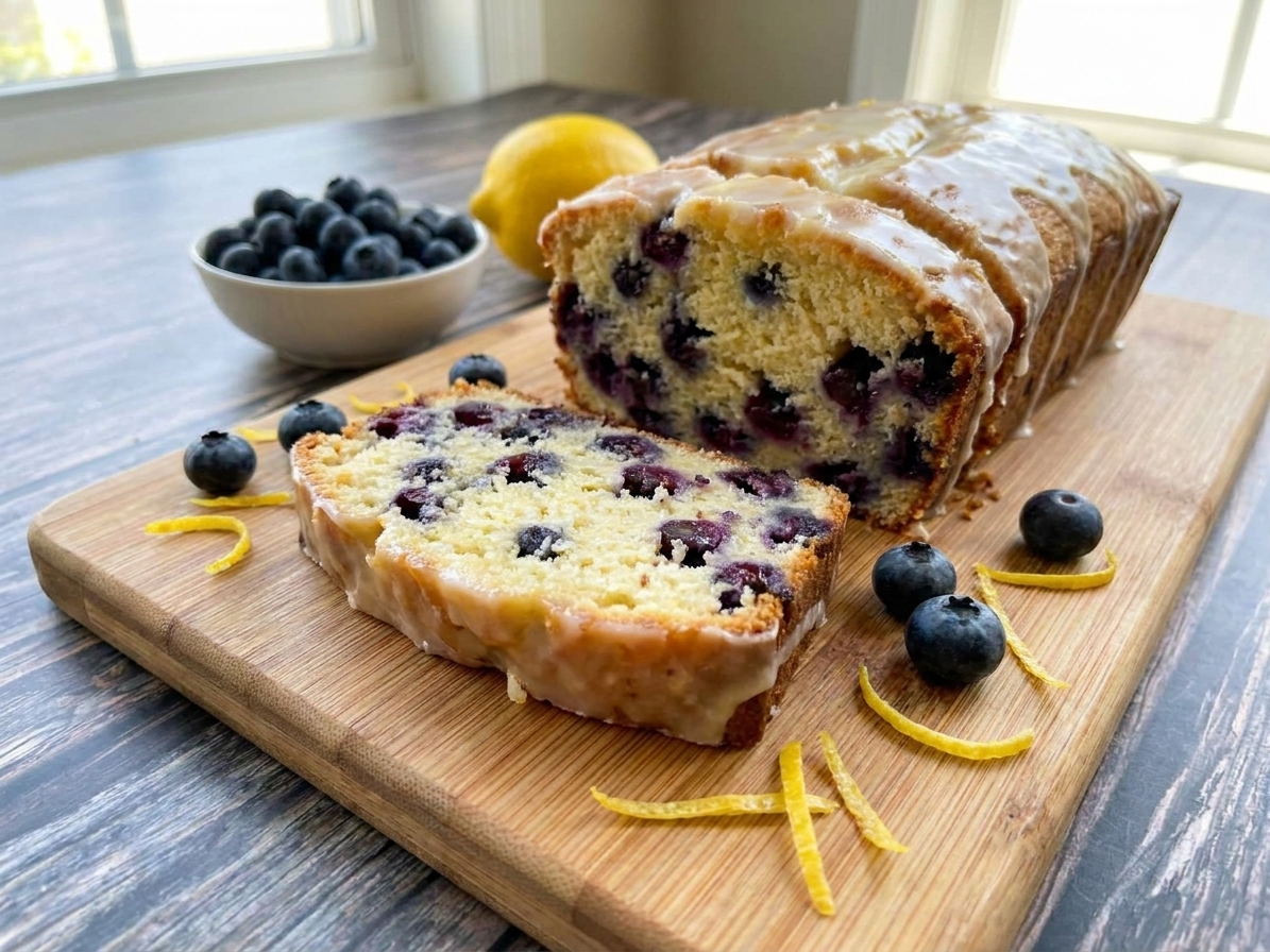 A glazed lemon blueberry loaf cake sliced on a wooden cutting board, with fresh blueberries and lemon zest scattered nearby on a bright kitchen counter
