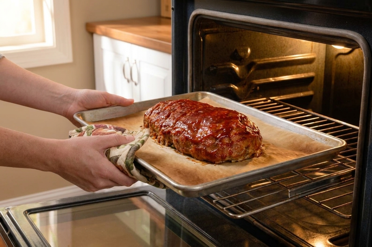 A glazed meatloaf baking on a parchment-lined sheet pan as it goes into a home oven with warm lighting