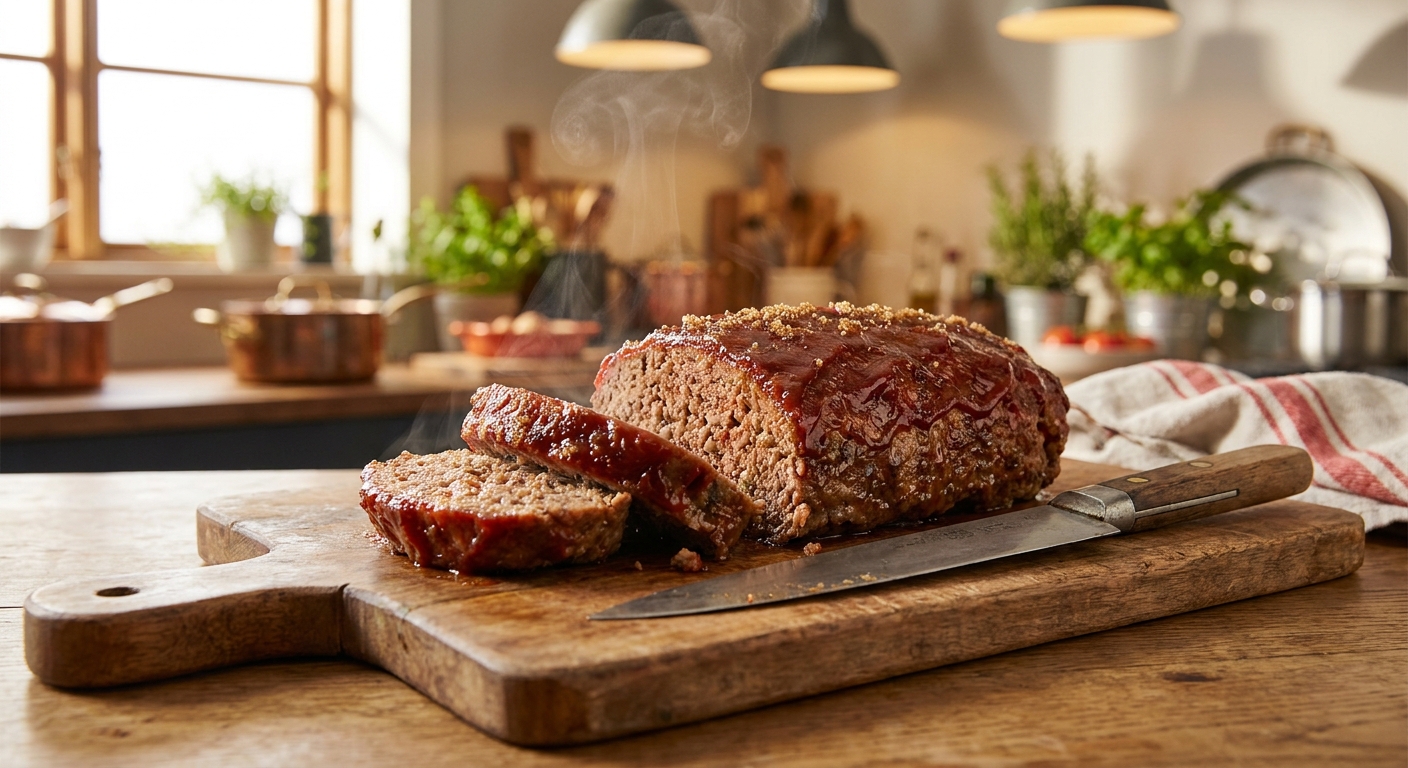 A glazed meatloaf resting on a cutting board with a knife nearby, steam rising slightly in warm kitchen light
