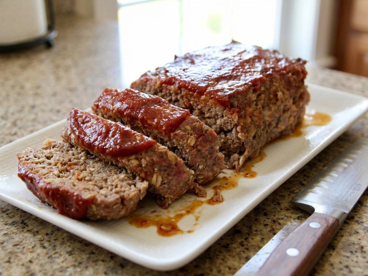 A glazed meatloaf sliced into thick pieces on a serving platter, with juices resting on the platter and a knife beside it