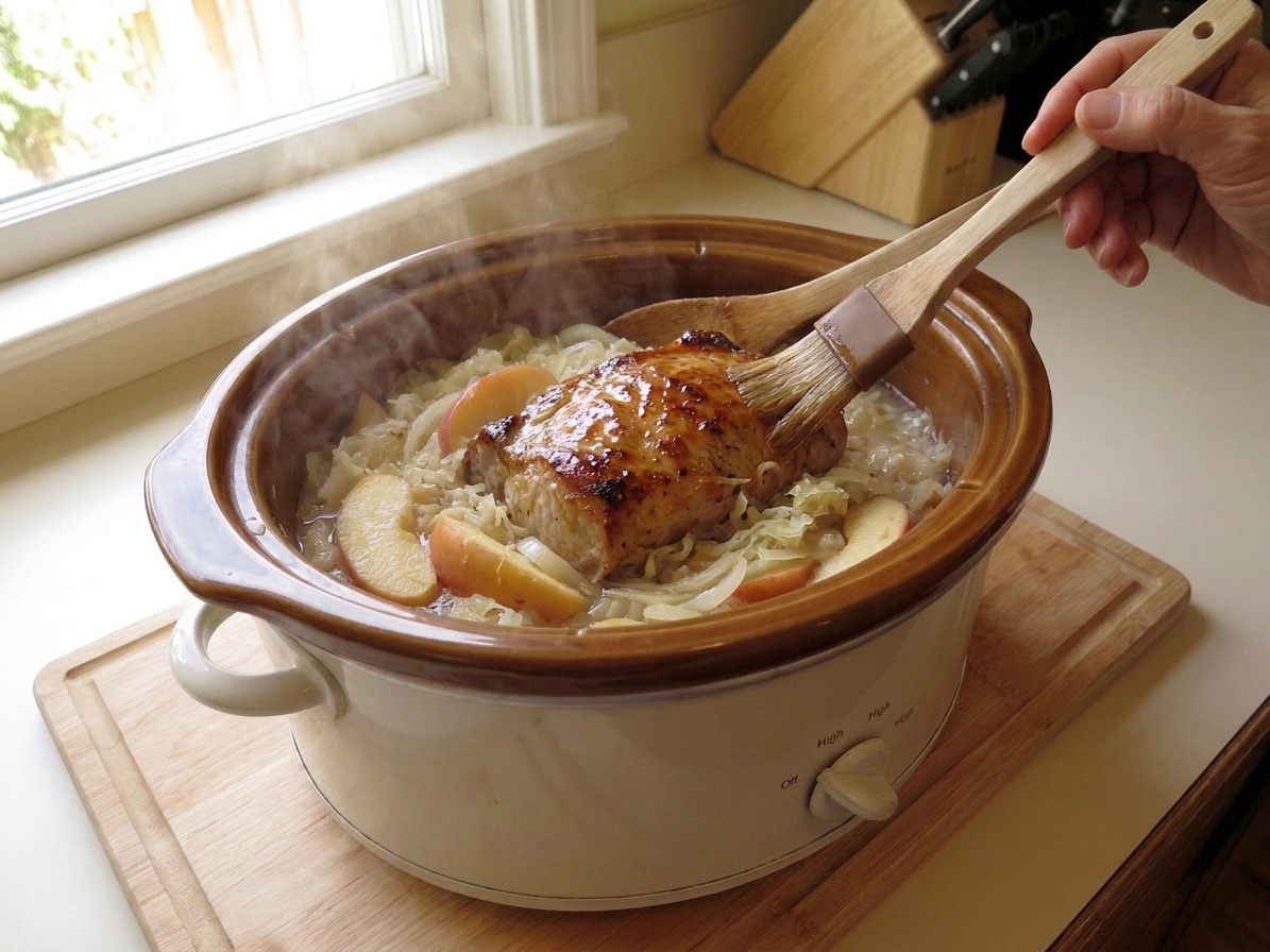 A glazed pork roast nestled in sauerkraut with sliced apples and onions inside a slow cooker insert on a kitchen counter, warm natural light