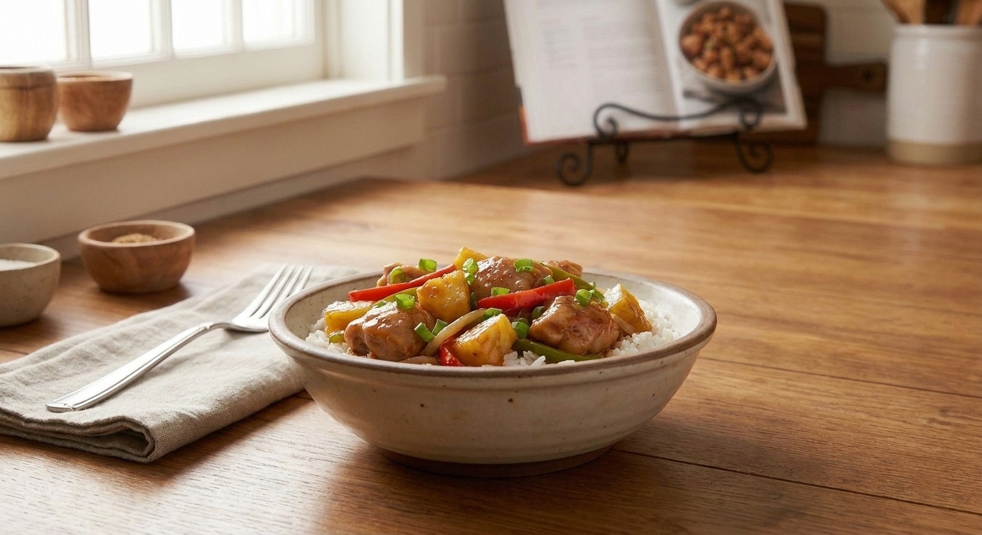 A glossy Hawaiian chicken bowl with pineapple chunks, bell peppers, and green onions served over white rice on a warm-toned kitchen table