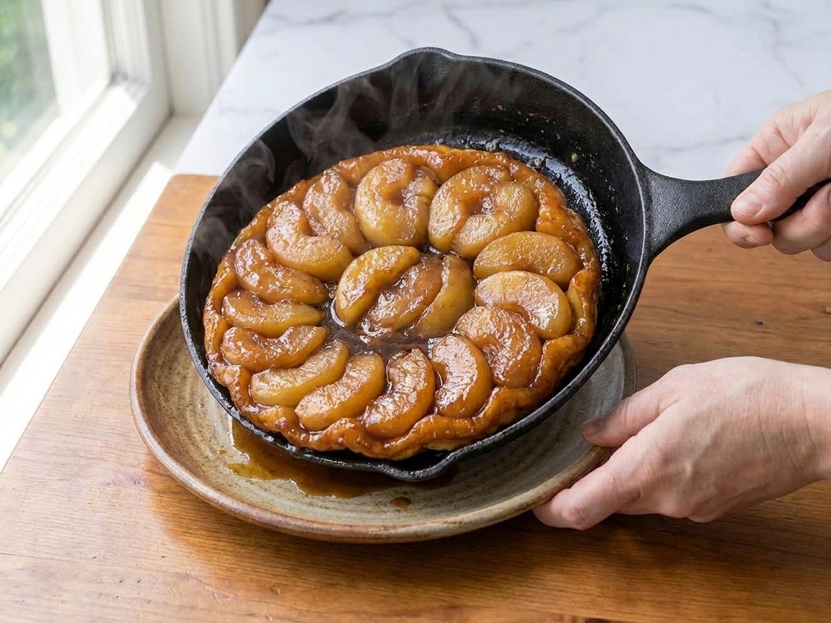 A glossy apple tarte Tatin flipped onto a rustic ceramic plate, deeply caramelized apples arranged in a tight spiral with a burnished, sticky sheen, on a warm wood table with soft window light