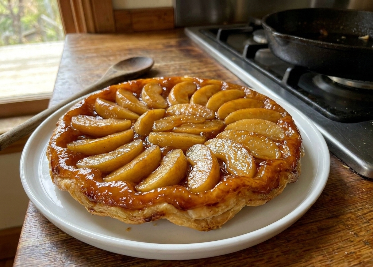 A glossy apple tarte Tatin on a white serving plate with caramelized apple wedges on top and flaky puff pastry edges, set on a warm-toned kitchen table with soft natural light
