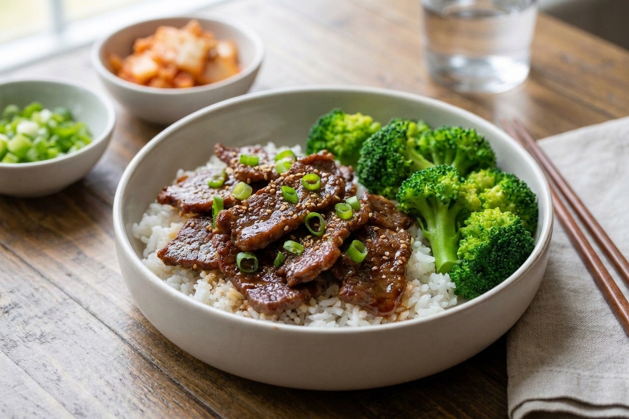 A glossy beef teriyaki bowl with sliced beef coated in a shiny sauce, served over steamed white rice with broccoli and sesame seeds on a neutral kitchen table