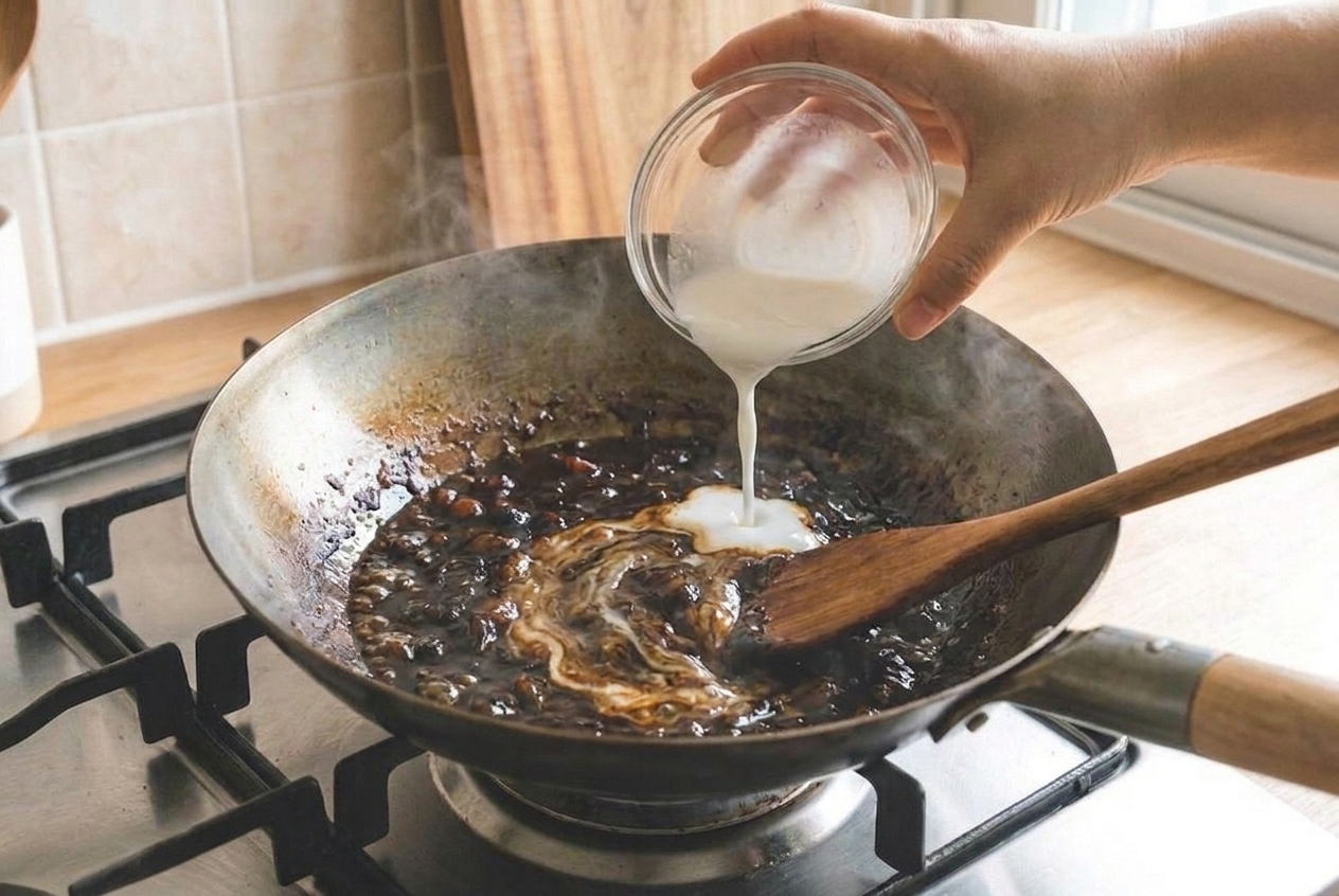 A glossy black bean sauce bubbling in a pan as a cornstarch slurry is poured in and stirred