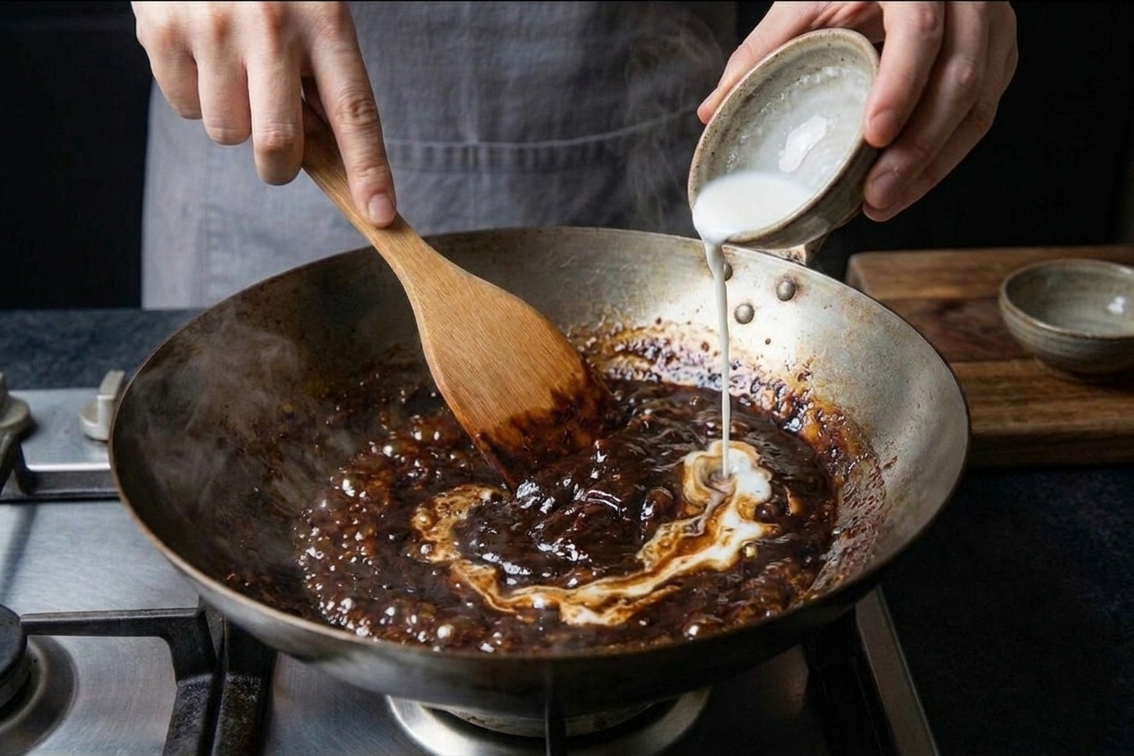 A glossy black bean sauce thickening in a skillet as a cornstarch slurry is stirred in