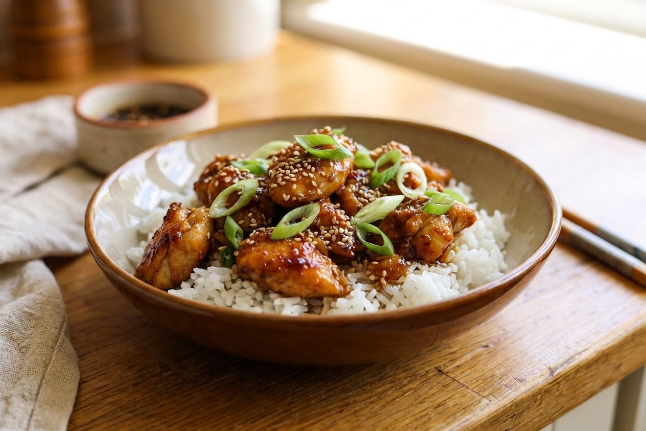 A glossy bowl of Mongolian chicken with crisp golden edges, sliced scallions, and sesame seeds served over white rice on a warm wood table in soft natural light