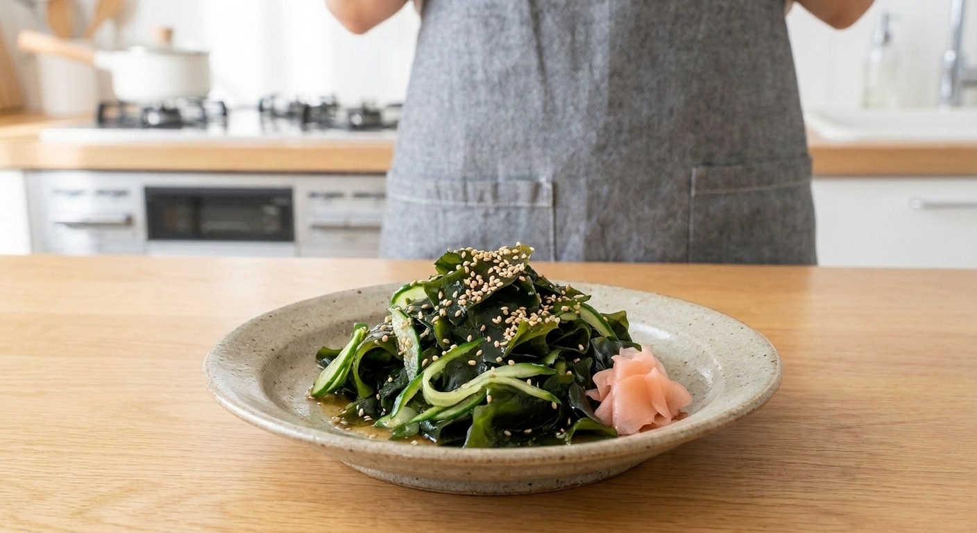 A glossy bowl of seaweed salad with cucumber ribbons, sesame seeds, and a small mound of pickled ginger on a neutral stoneware plate, set on a bright kitchen table
