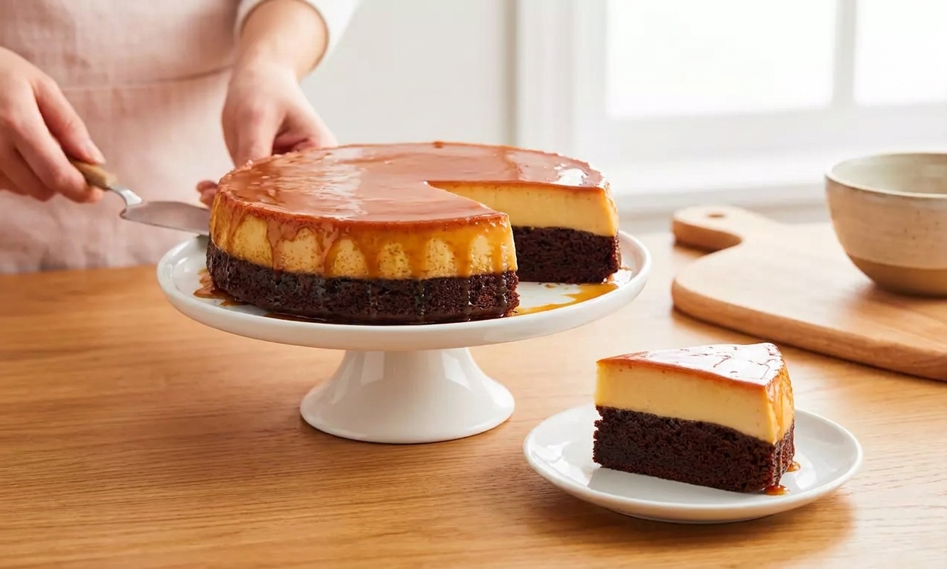 A glossy caramel-topped chocoflan on a white cake stand, with one slice cut to show the flan layer over the chocolate cake layer, on a warm kitchen table