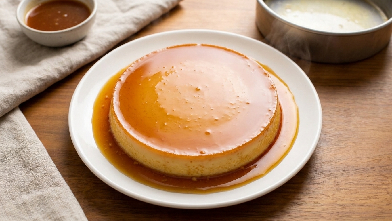 A glossy caramel-topped leche flan unmolded onto a white serving plate with caramel sauce pooling around it on a warm kitchen table