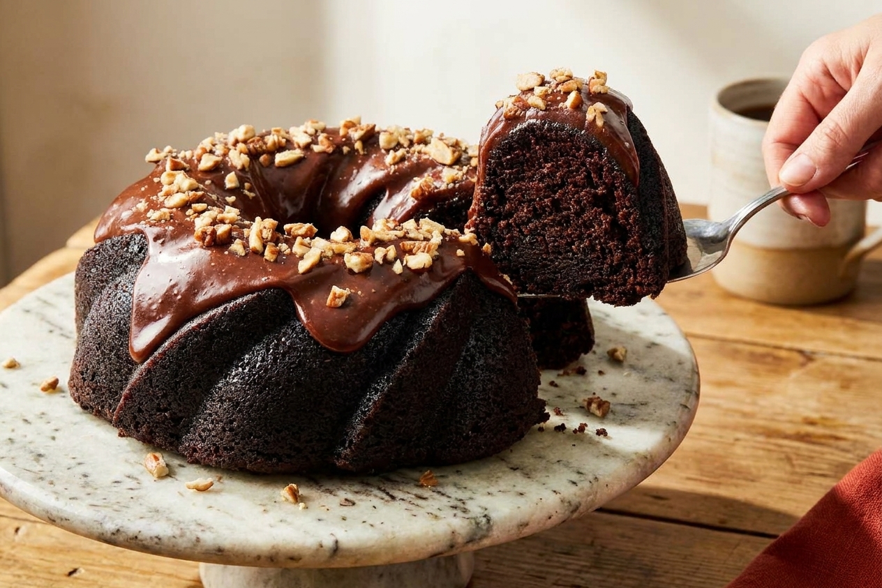 A glossy chocolate bundt cake on a white cake stand with chocolate ganache dripping down the ridges, sliced to show a moist dark crumb, on a warm kitchen table with soft natural light