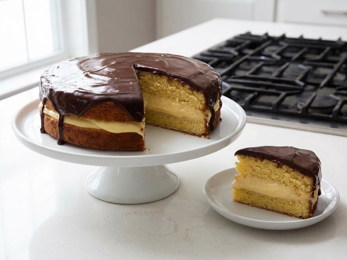 A glossy chocolate-topped Boston cream cake on a white cake stand, one slice removed to show the thick vanilla pastry cream layer, soft window light on a stone-colored kitchen counter