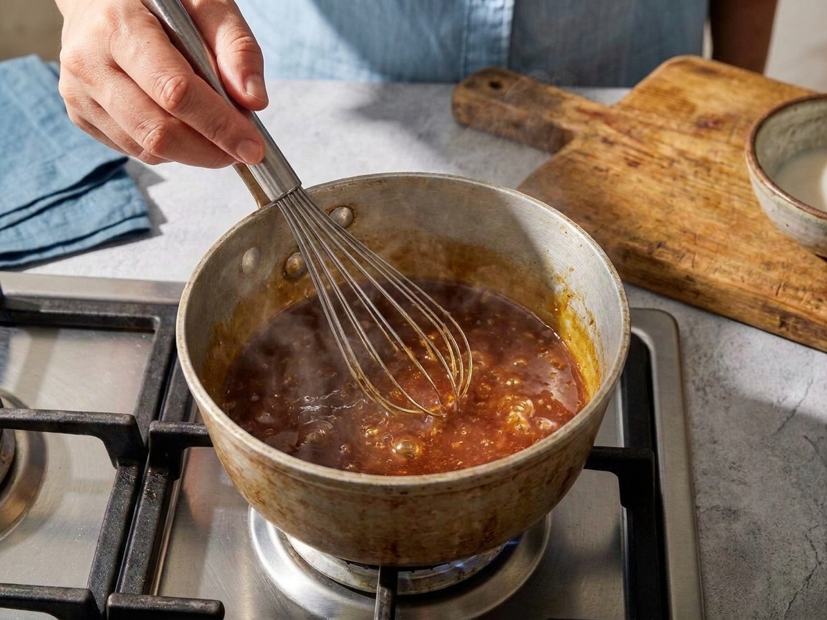 A glossy dark amber General Tso sauce being whisked in a saucepan on the stove with steam rising